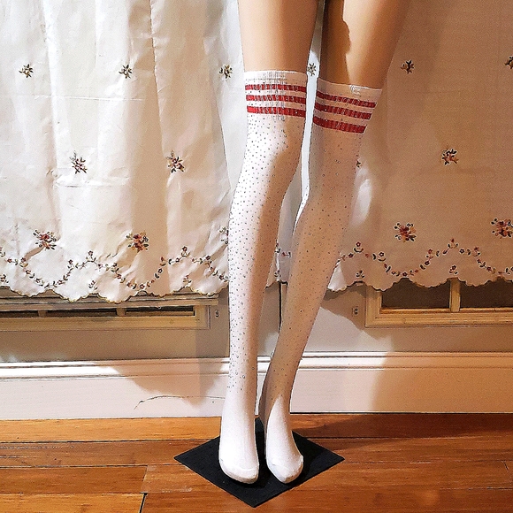 ●LAST PAIR●NWT FACTORY SEALED.Wht/Red Stripe Rhinestone Embellis Thigh High Sock - Picture 1 of 3
